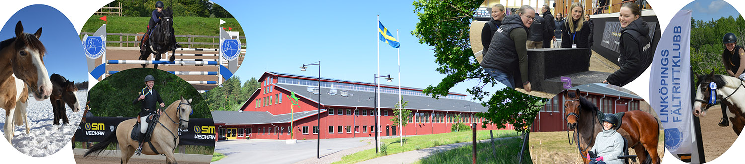 Smedstad Ridsportcenter och små runda bilder på hästar, funktionärer, tävlande LFKare.