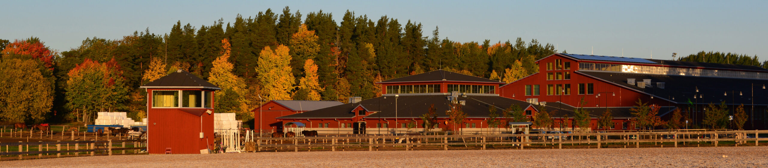 Smedstad Ridsportcenter i solnedgång. Lag-SM dressyr. LFK.